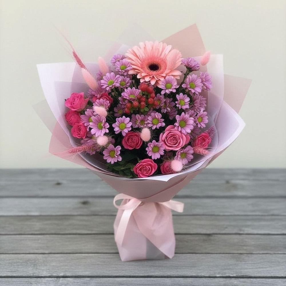 Букет цветов из: Розы, Герберы и Хризантемы в Умёт