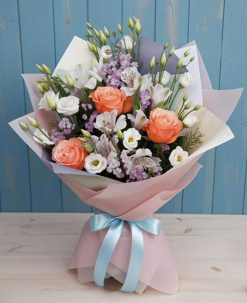 Букет цветов из: Лизиантусы, Розы, Альстромерии и Гипсофила в Умёт