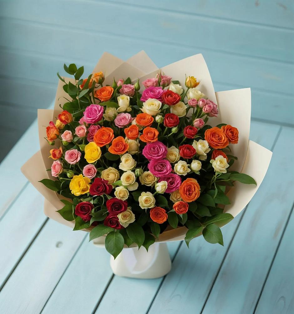 Букет Микс из разноцветных кустовых роз в Умёт