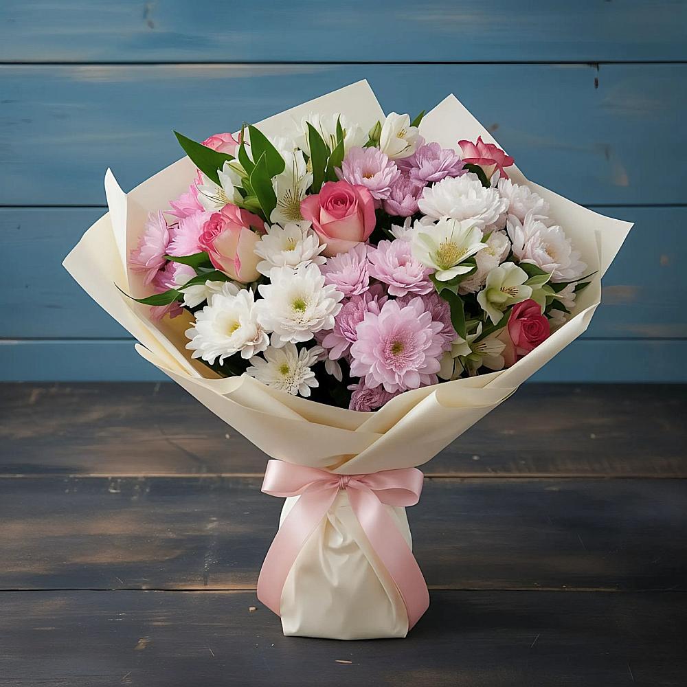 Букет цветов из: Хризантемы, Альстромерии и Розы в Умёт